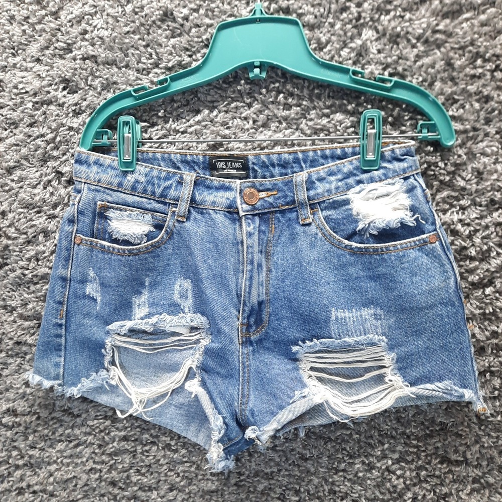 Iris Jean Shorts Women Medium Regular Blue Destroy Cut Off Denim Cotton Pants‎